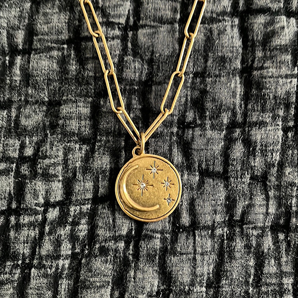 JCREW FACTORY gold celestial pendant necklace with paper clip chain